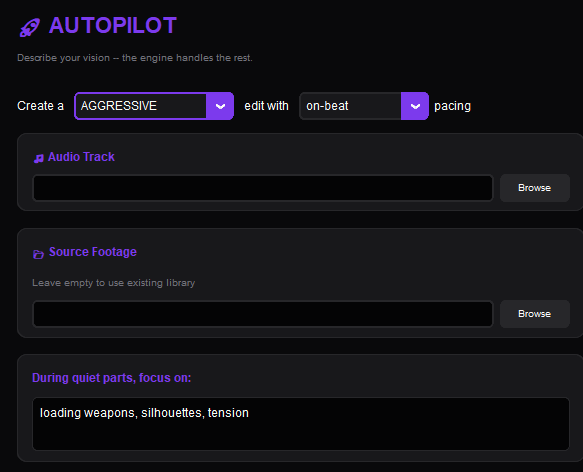 The Onset Engine Autopilot interface displaying audio tracks, AI sequencing tools, and a generated video timeline